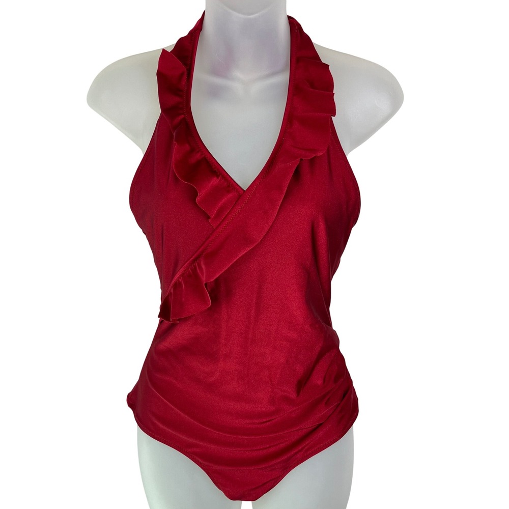 Cupshe‎ Burgundy Red Ruffle Halter One Piece Swimsuit Ruched Surplice Size M